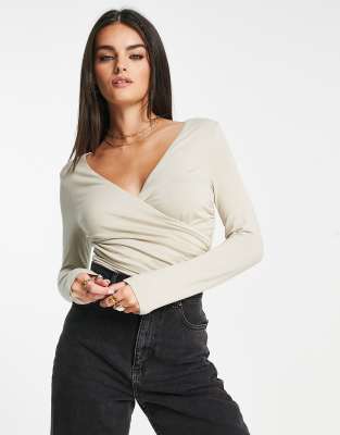 Asos Design Wrap Long Sleeve Bodysuit In Stone-brown