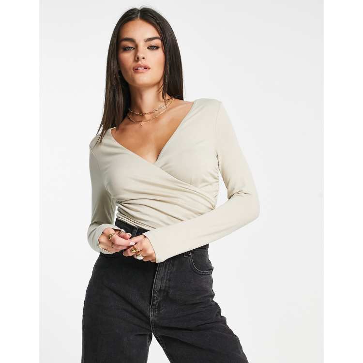 ASOS DESIGN wrap long sleeve bodysuit in stone