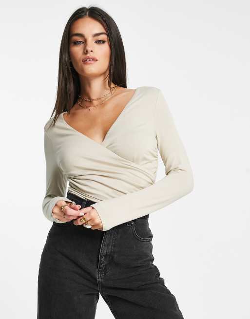 ASOS DESIGN Curve wrap long sleeve bodysuit in black