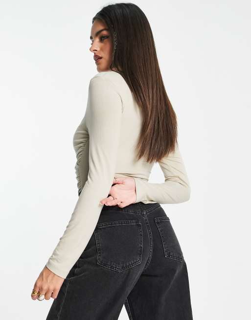 ASOS DESIGN wrap long sleeve bodysuit in stone, 2 of 4