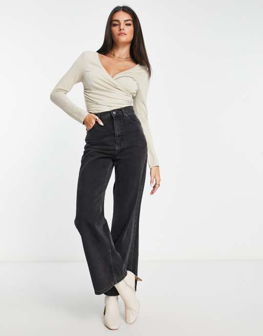 ASOS DESIGN wrap long sleeve bodysuit in stone, 4 of 4