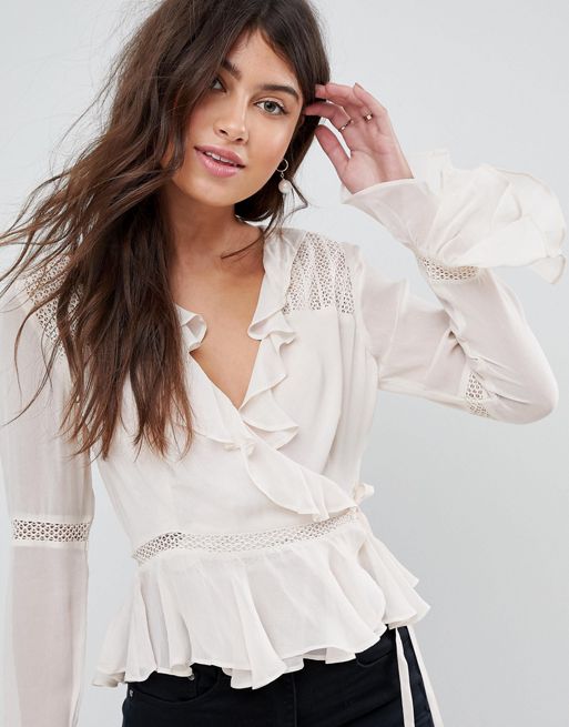 ASOS DESIGN regular lace shirt with ruffle front in white