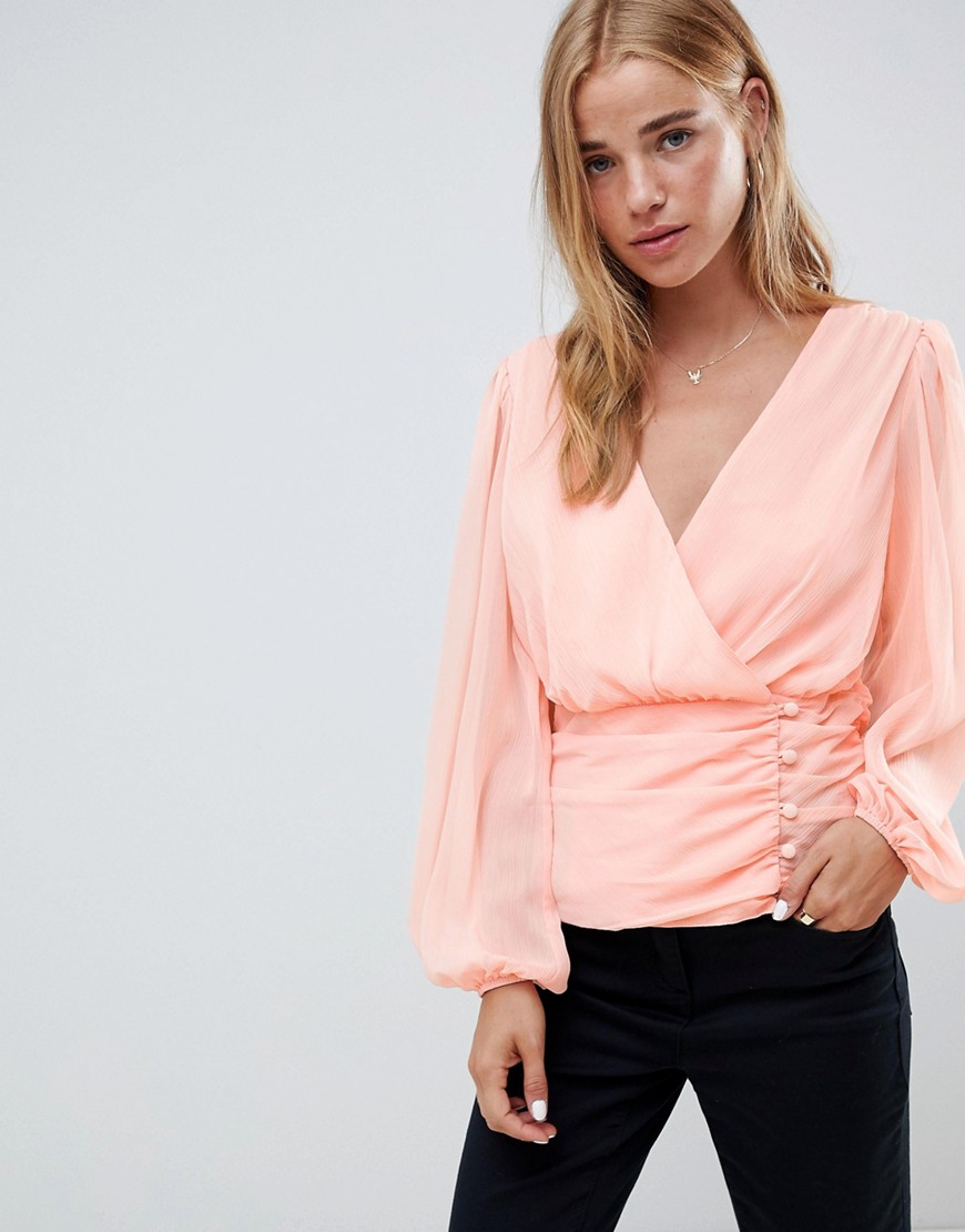 ASOS DESIGN wrap long sleeve top with side button detail-Pink