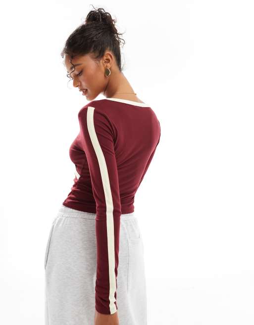 ASOS DESIGN wrap long sleeve with sporty tipping detail in wine, 2 of 4