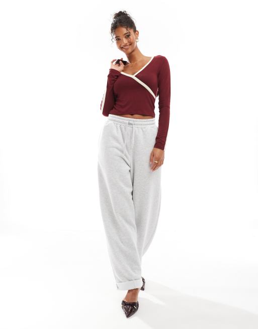 ASOS DESIGN wrap long sleeve with sporty tipping detail in wine, 4 of 4