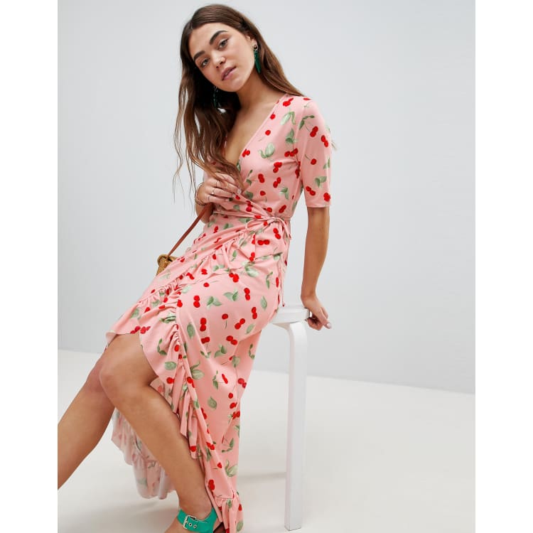 Cherry print 2025 wrap dress