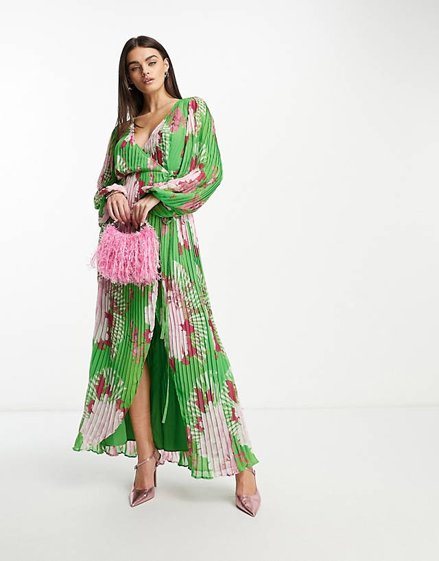 ASOS DESIGN wrap maxi dress with balloon sleeves with large green floral print