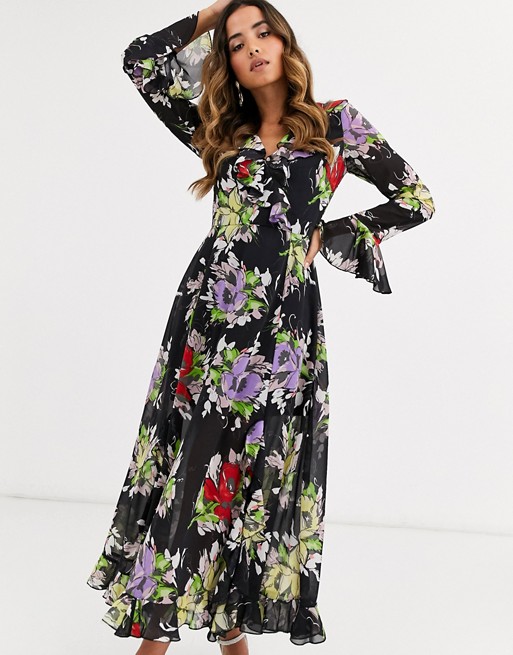 ASOS DESIGN wrap maxi dress with frills in dark based floral print