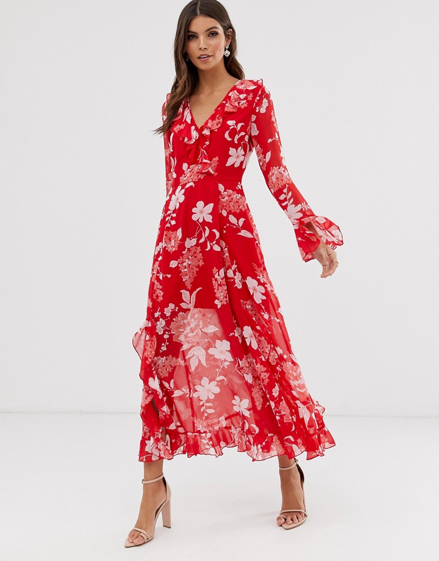 ASOS DESIGN wrap maxi dress with frills in red floral print-Multi