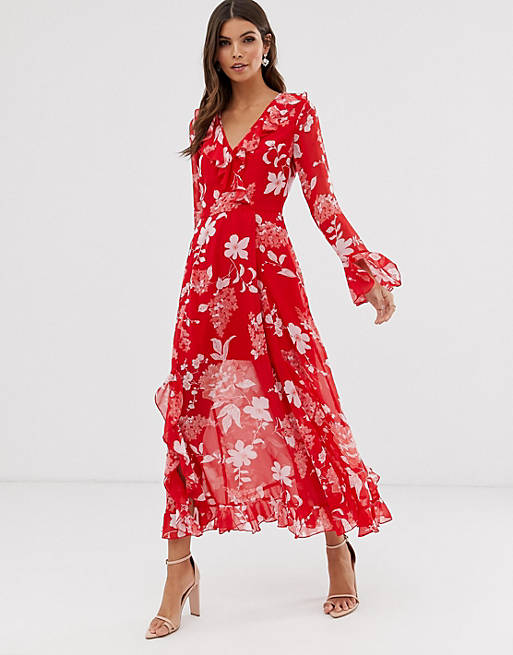 ASOS DESIGN wrap maxi dress with frills in red floral print | ASOS