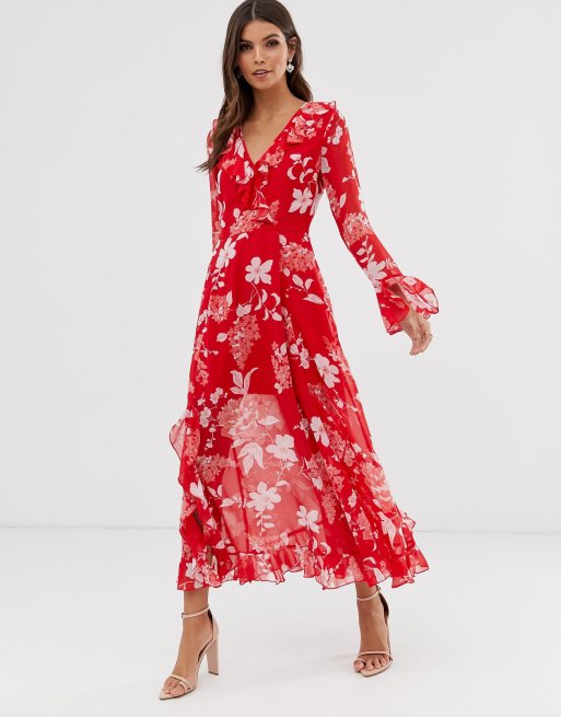 Red floral store maxi wrap dress