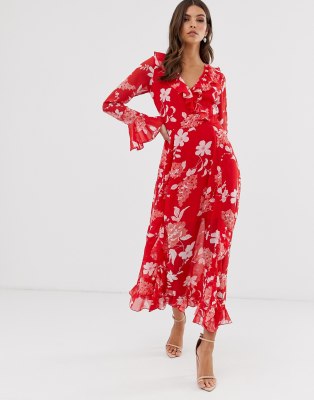 red floral print wrap dress