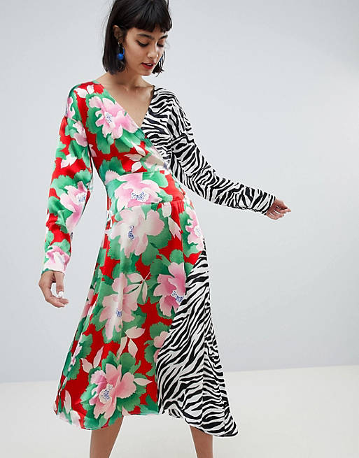 ASOS DESIGN wrap maxi dress with long sleeve in mixed print