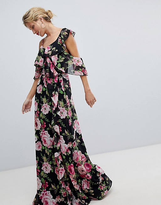 ASOS DESIGN Wrap Maxi Dress With Ruffles In Dark Floral Print