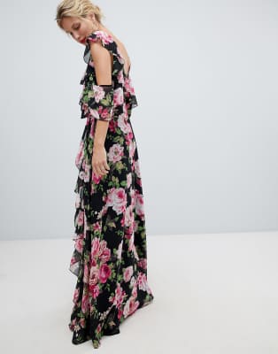 asos design wrap maxi dress with frills in red floral print