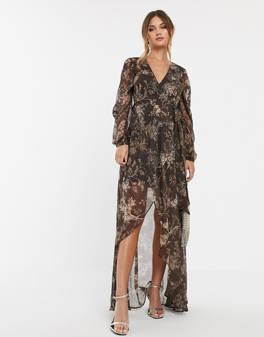 ASOS DESIGN wrap maxi dress with tie detail and drape sleeve in brown print and embellished clusters-Multi