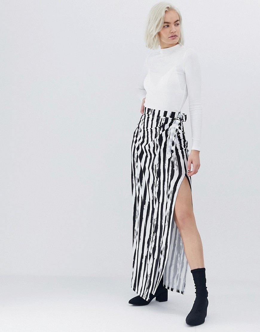 ASOS DESIGN wrap maxi skirt in mono stripe print-Multi