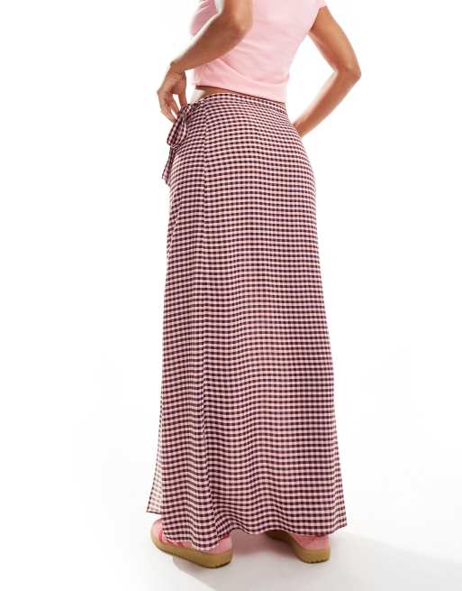 ASOS DESIGN wrap maxi skirt in two tone gingham, 3 of 5