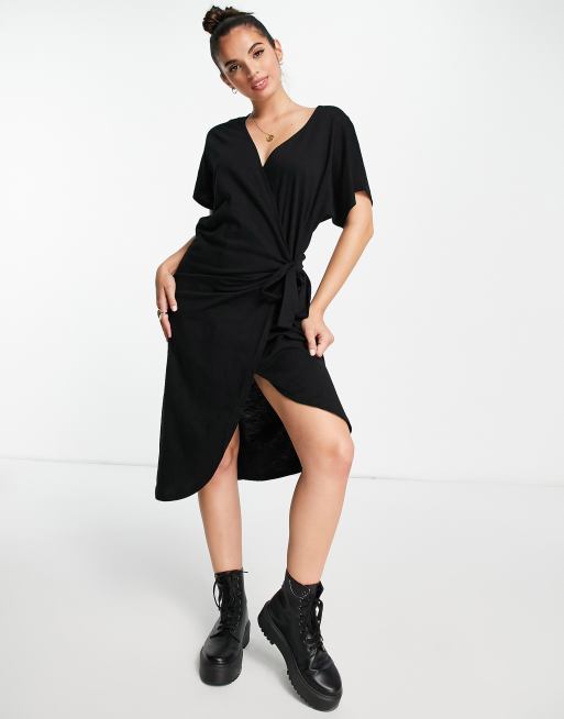 ASOS DESIGN crinkle wrap midi sundress with buckle in black