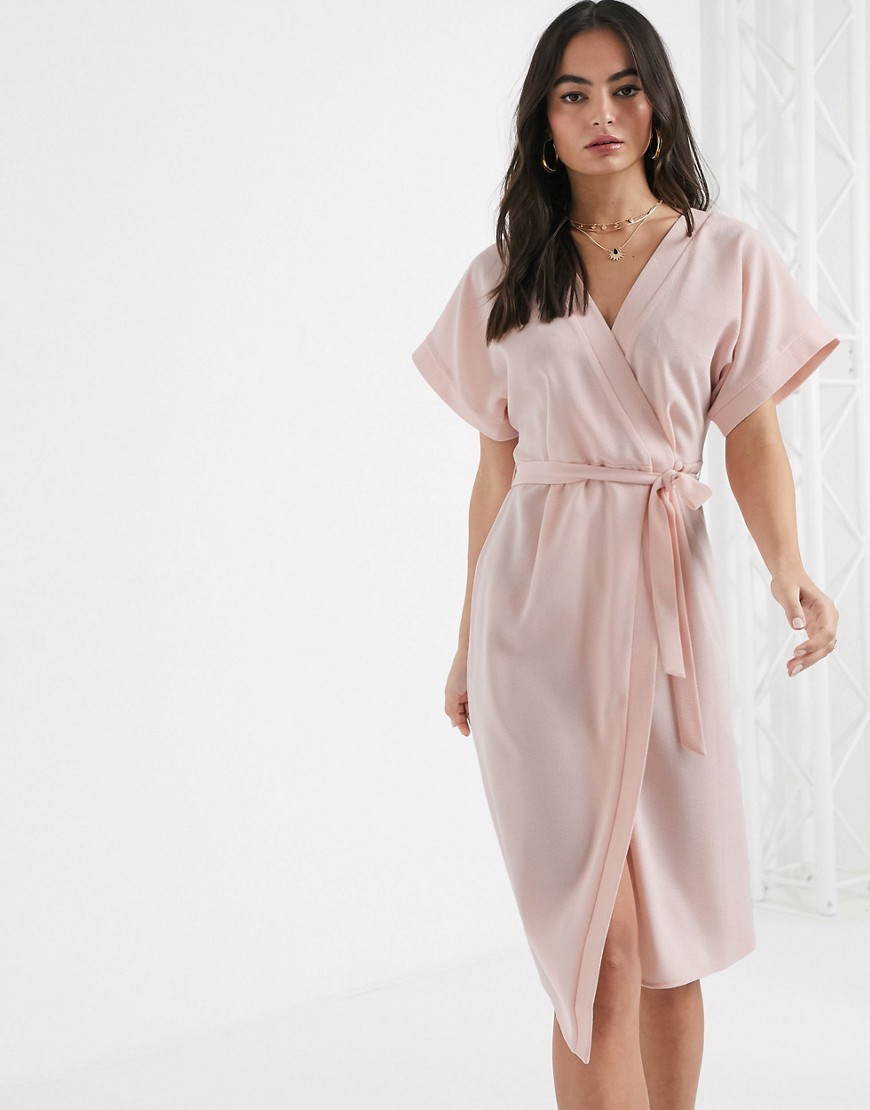 Asos Design Wrap Midi Dress In Blush-pink