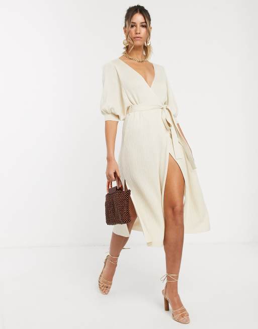 ASOS DESIGN wrap midi dress in rib knit with volume sleeve