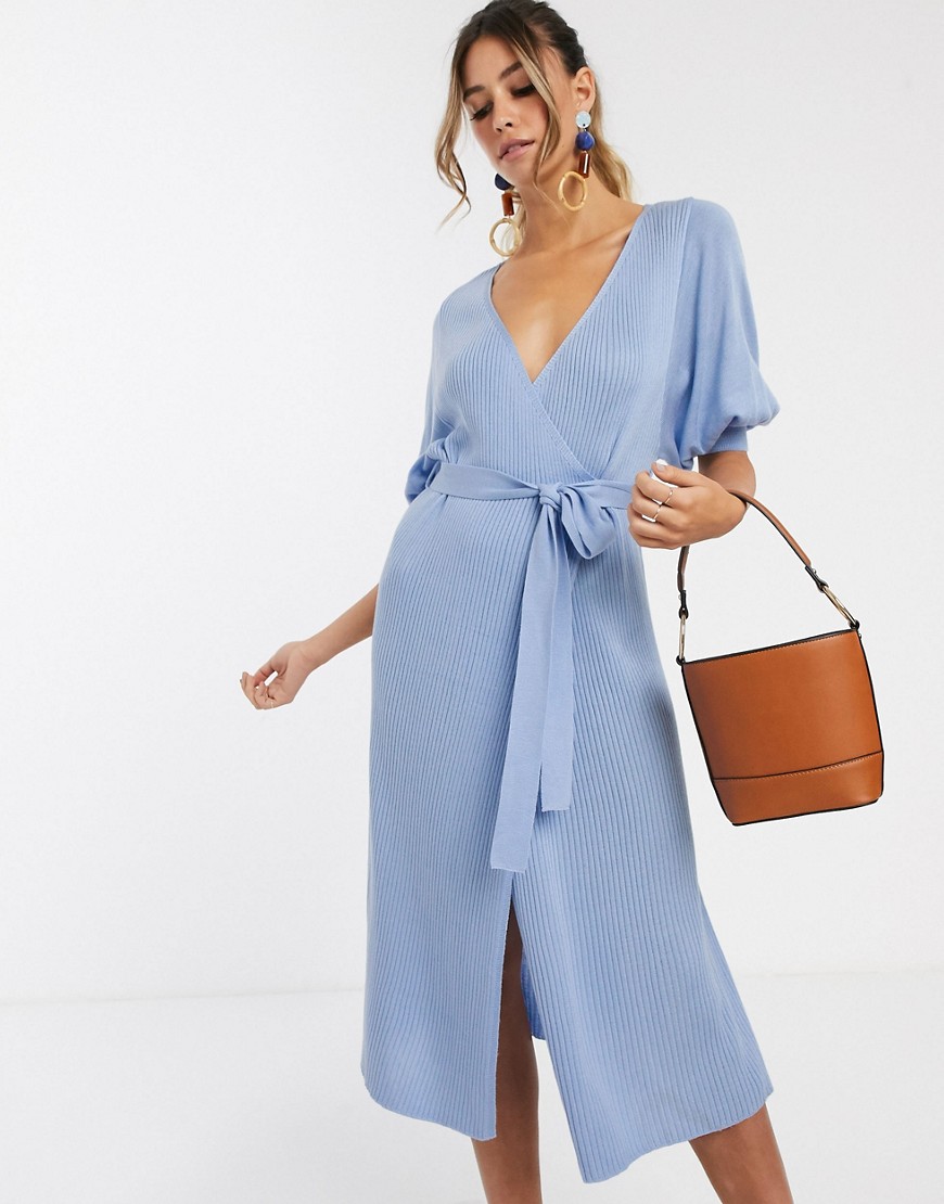 ASOS DESIGN wrap midi dress in rib knit with volume sleeve-Blue