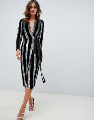 asos design wrap midi dress in velvet stripe sequin