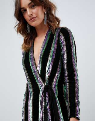 sequin stripe wrap dress