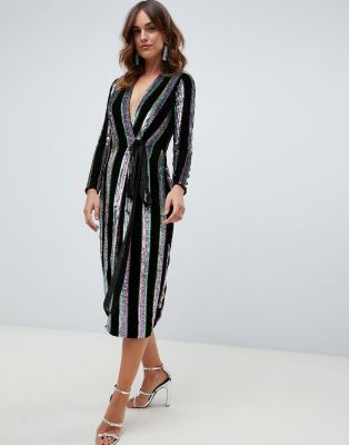 sequin stripe wrap dress