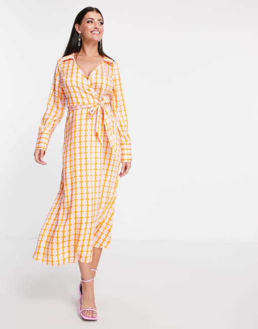 ASOS DESIGN wrap midi dress with collar in pink check print