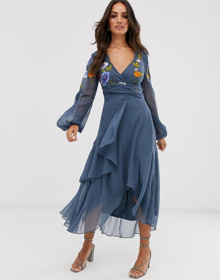 ASOS DESIGN wrap midi dress with garden floral embroidery-Blue