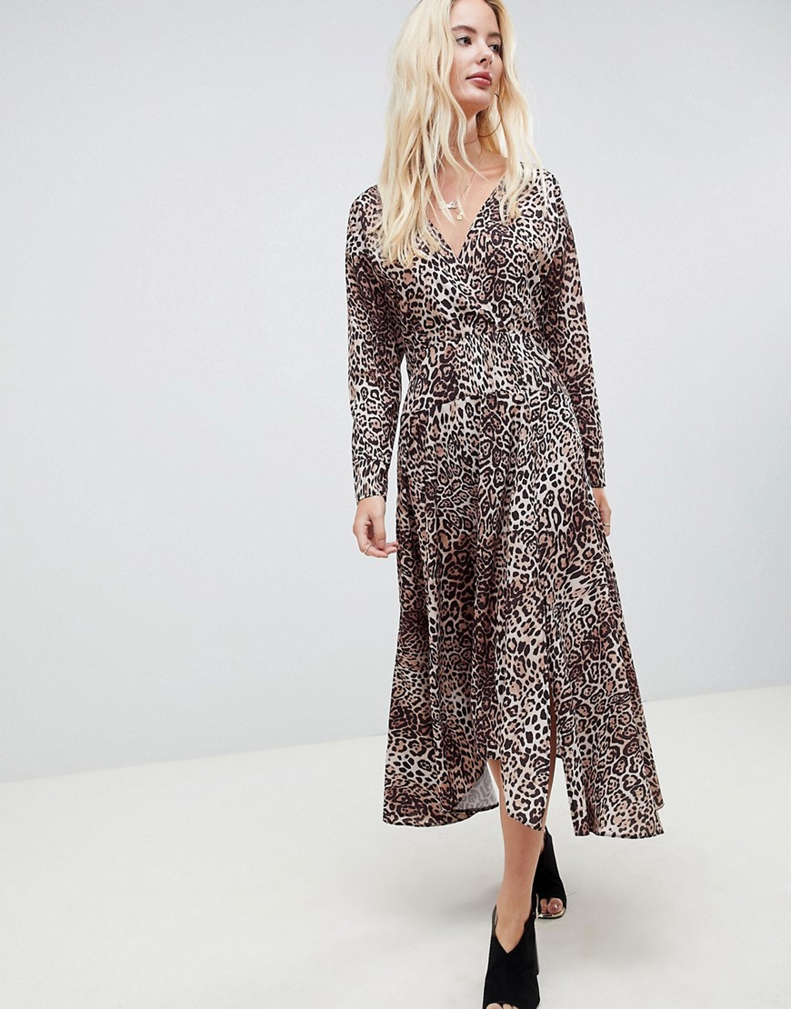 ASOS DESIGN wrap midi dress with long sleeves in leopard print-Multi