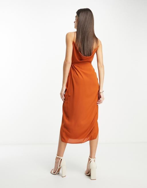 ASOS DESIGN wrap midi dress with tie side in rust