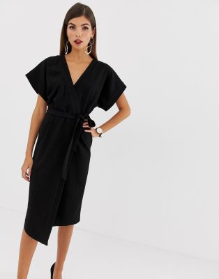 black wrap midi dress with sleeves