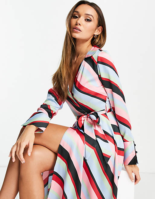 ASOS DESIGN wrap midi dress with collar in multi stripe print
