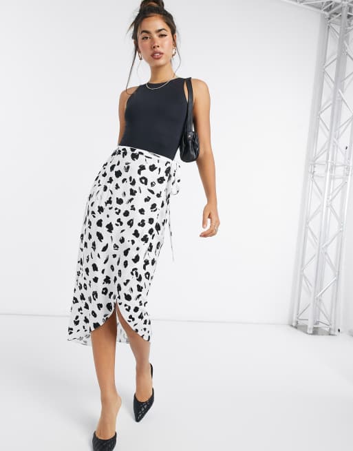 ASOS DESIGN wrap midi skirt in white mono leopard print