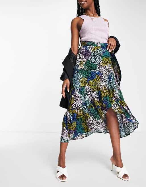 ASOS DESIGN wrap midi skirt with ruffle hem in multi floral animal