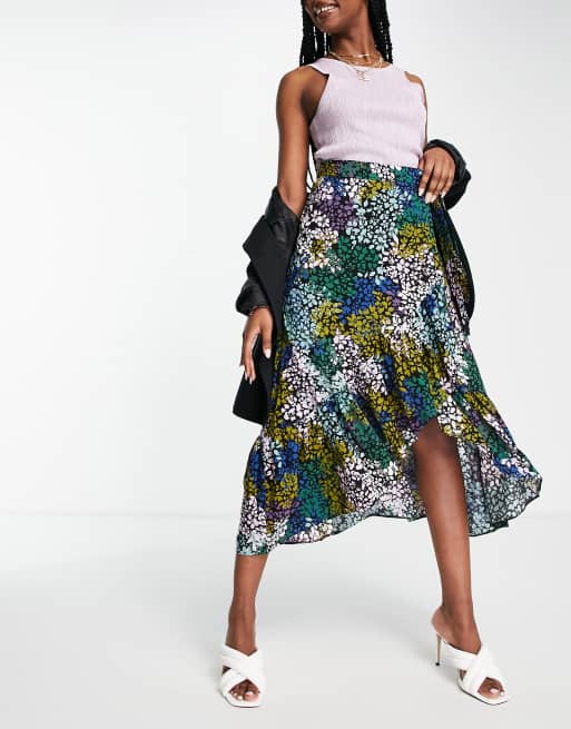 ASOS DESIGN wrap midi skirt with ruffle hem in mutli floral animal