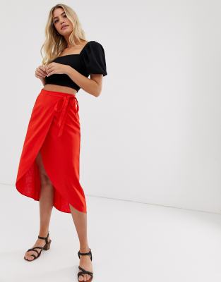 ASOS DESIGN wrap midi skirt with tie side-Red