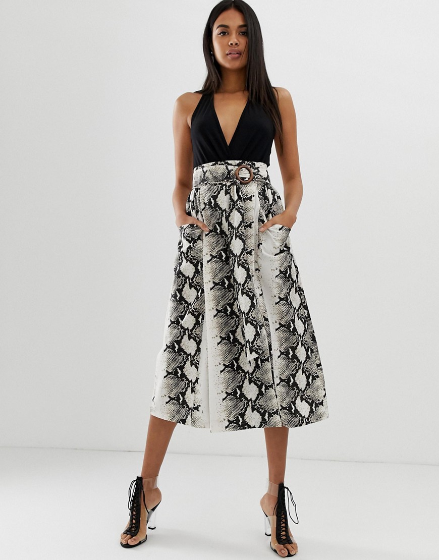 ASOS DESIGN wrap midi skirt with wooden buckle and pockets in snake print-Multi