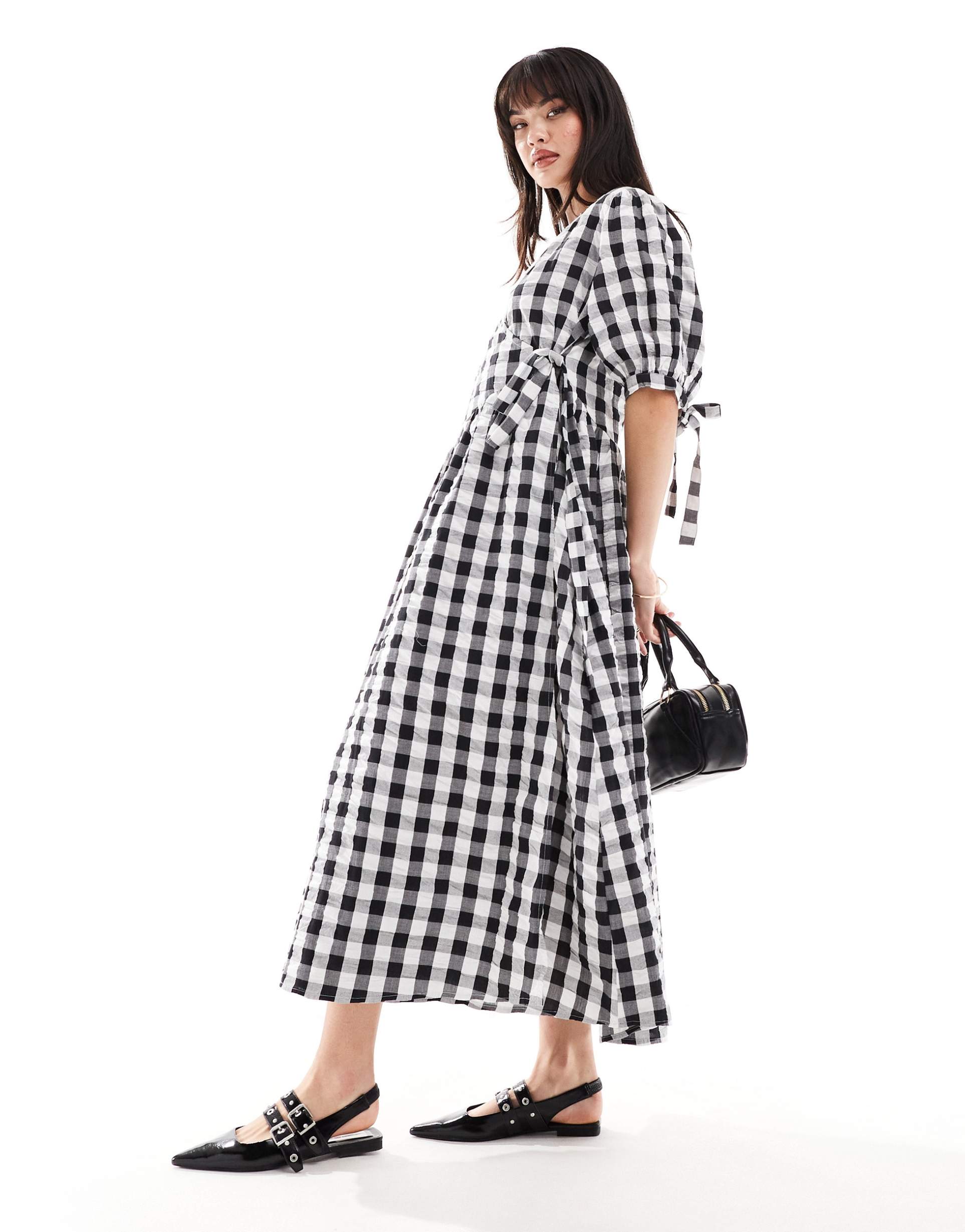 asos design wrap midi smock dress in monochrome gingham