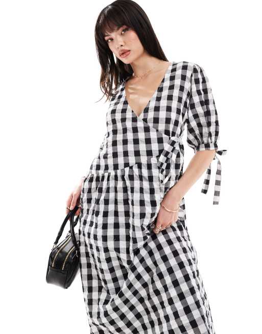 ASOS DESIGN wrap midi smock dress in monochrome gingham