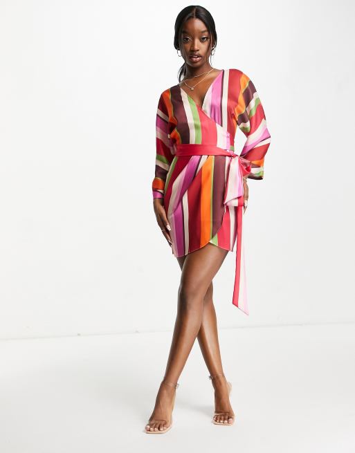 ASOS DESIGN wrap mini dress in 70s stripe print