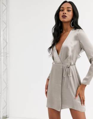 grey satin wrap dress