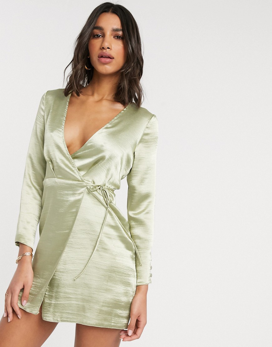 ASOS DESIGN wrap mini dress in high shine satin-Green