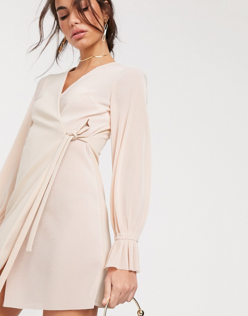 Asos Design Wrap Mini Dress In Plisse Mix In Pale Pink