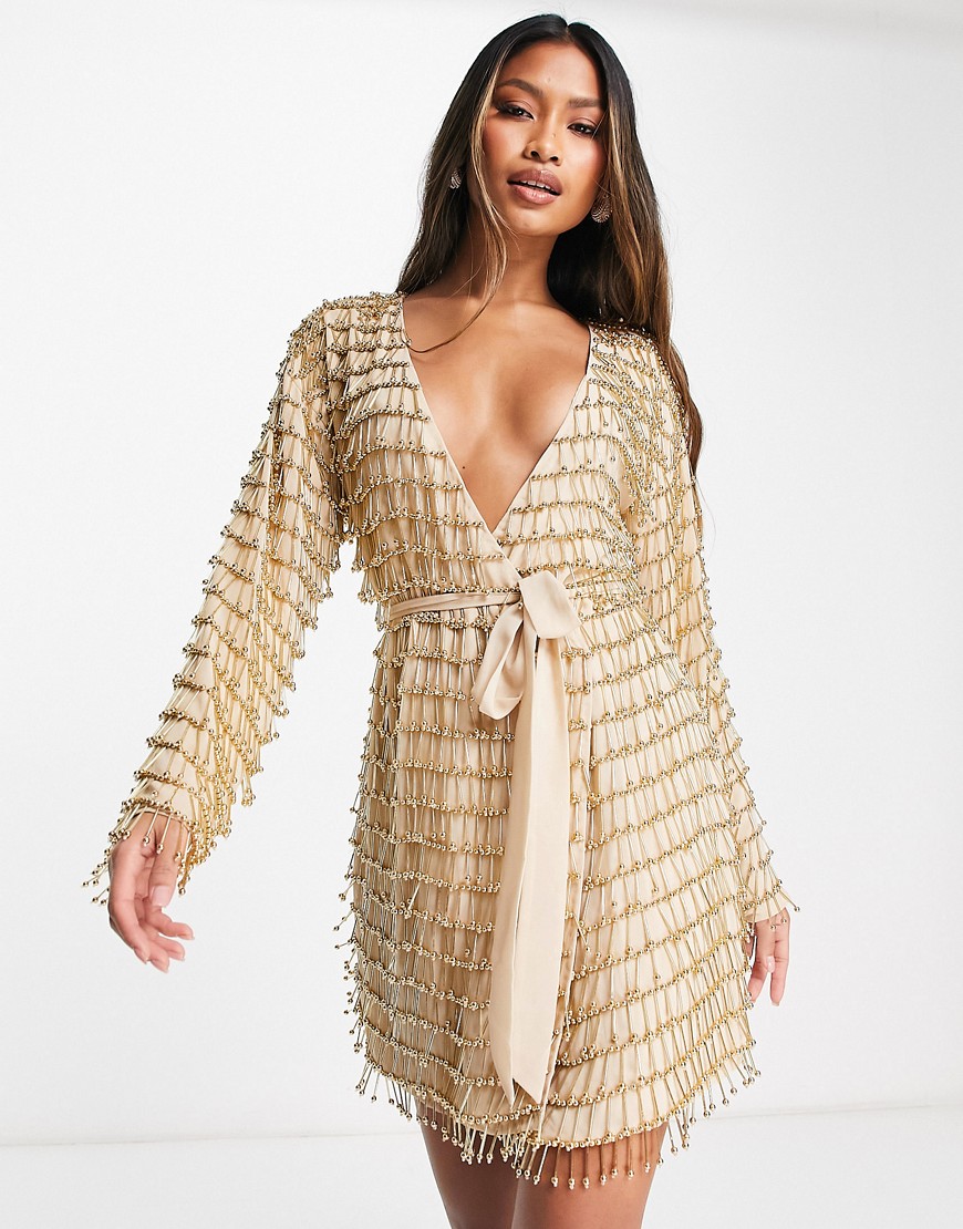 Asos Design Wrap Mini Dress With Ball Bearing Fringe Embellishment In Gold