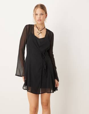 Asos Design Wrap Mini Dress With Ties In Black