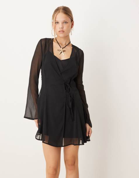 ASOS DESIGN wrap mini dress with ties in black - view 1