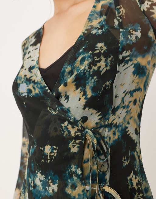 ASOS DESIGN wrap mini dress with ties in blurred blue floral, 4 of 4